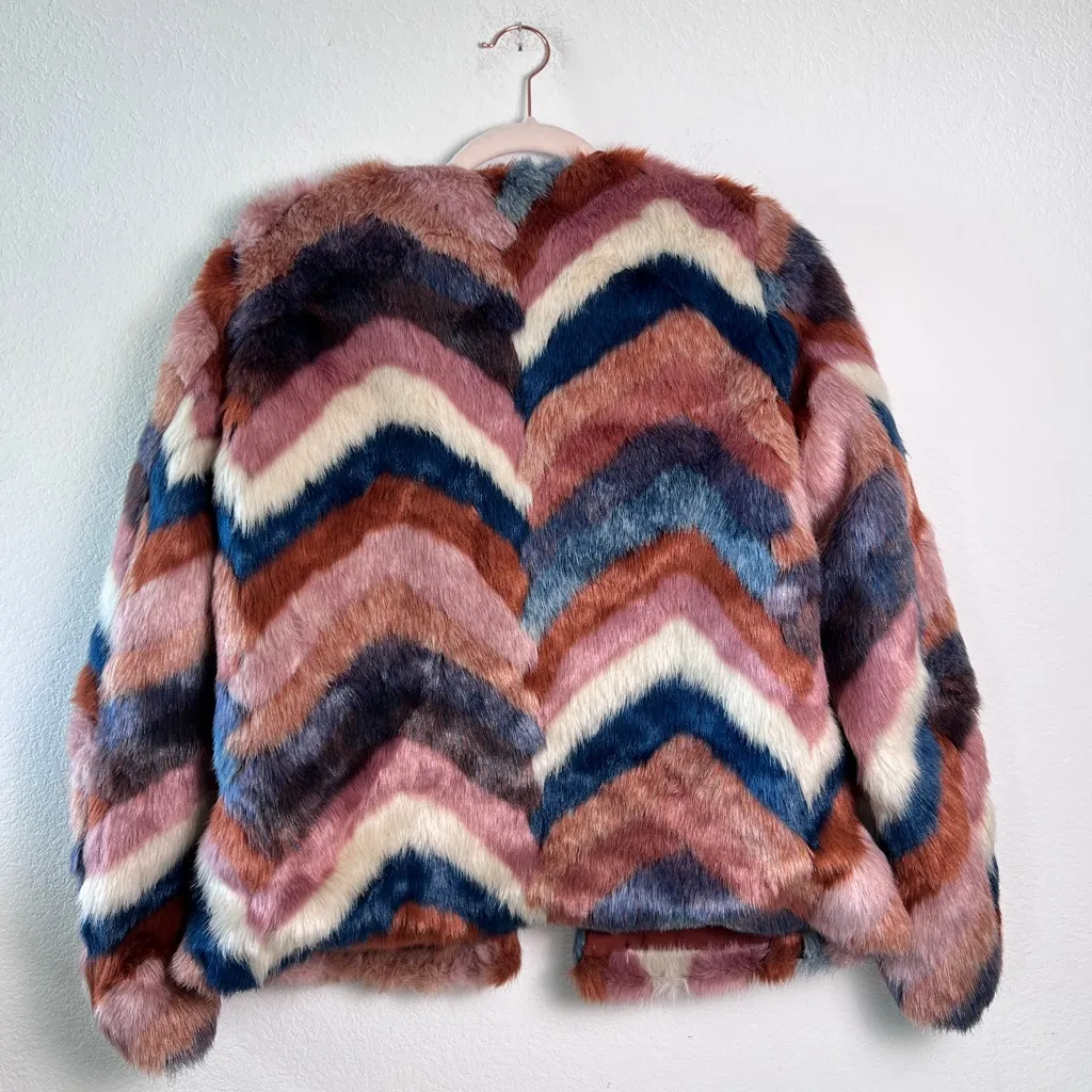 Band of Gypsies Faux Fur Chevron Jacket XS Boho Disco Rust Multicolor Open Front - Image 5