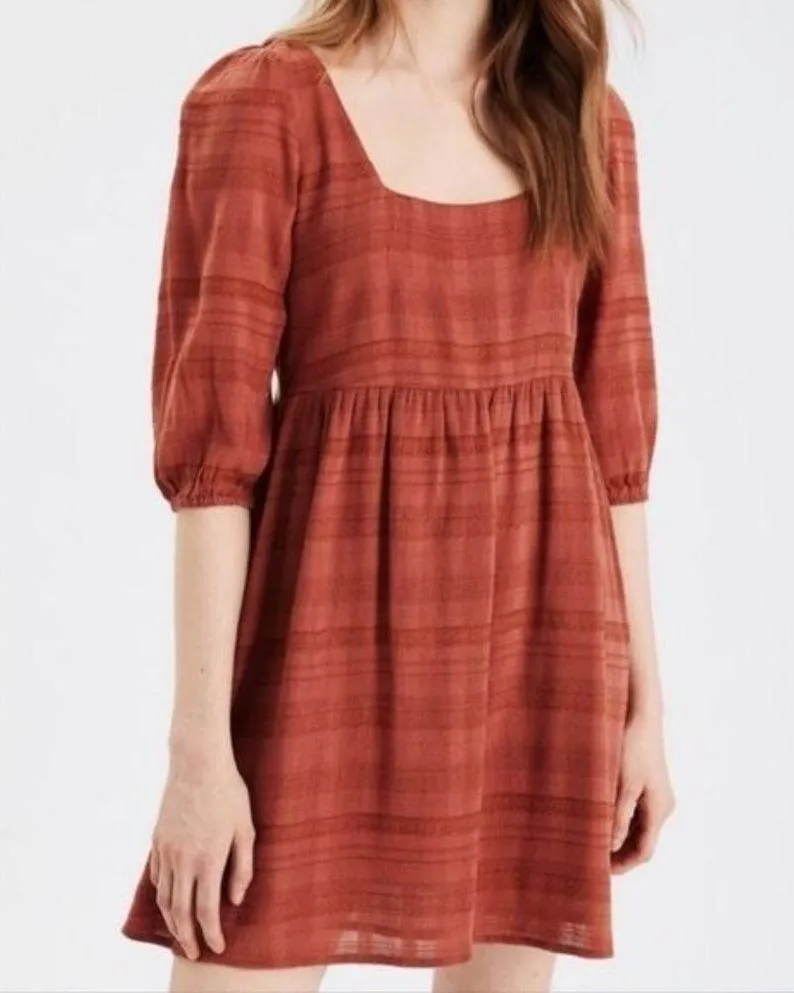 American Eagle Womens Mini Dress Puff Sleeve Low Back Cottagecore Orange M - Image 6