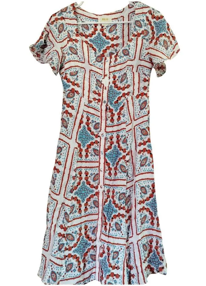 Maeve Anthropologie Button Front Midi Dress Size 0  Boho Floral Geometric Print - Image 4