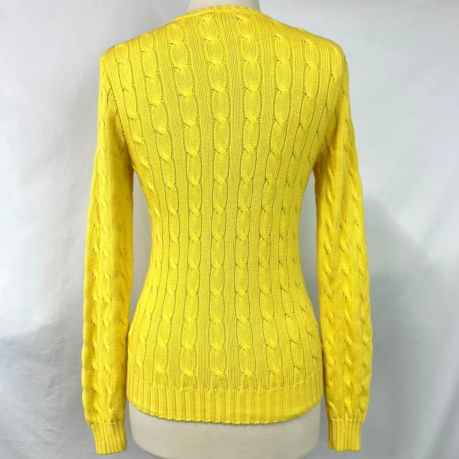 POLO RALPH LAUREN Yellow Cable Knit V Neck Sweater 100% Cotton Women's S Preppy - Image 5
