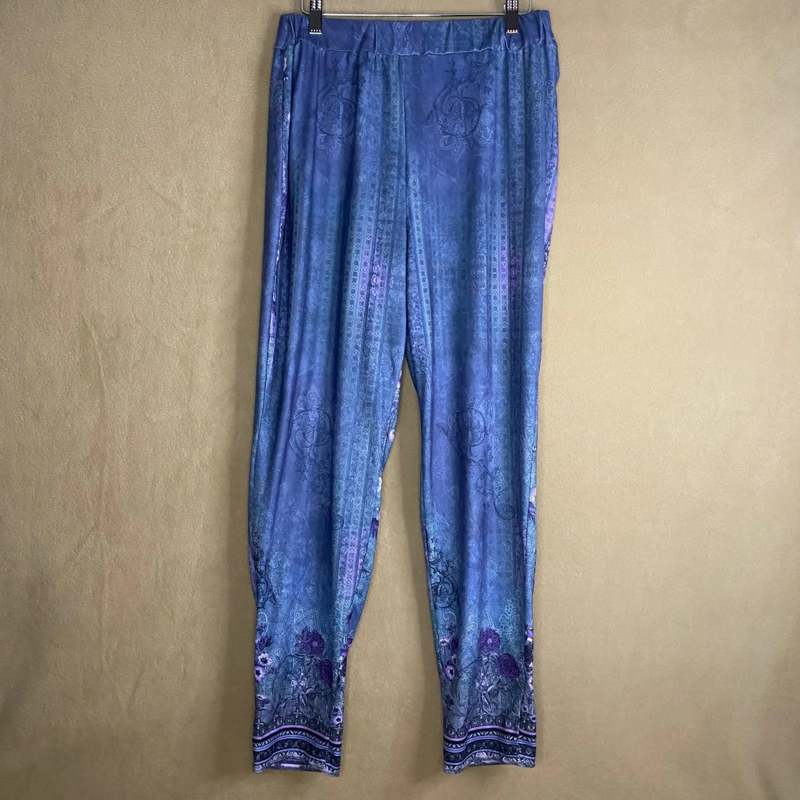 Women's Boho Floral Lounge Pants Elastic Waist Comfortable Relaxed Summer XL EUC Blue - Image 2