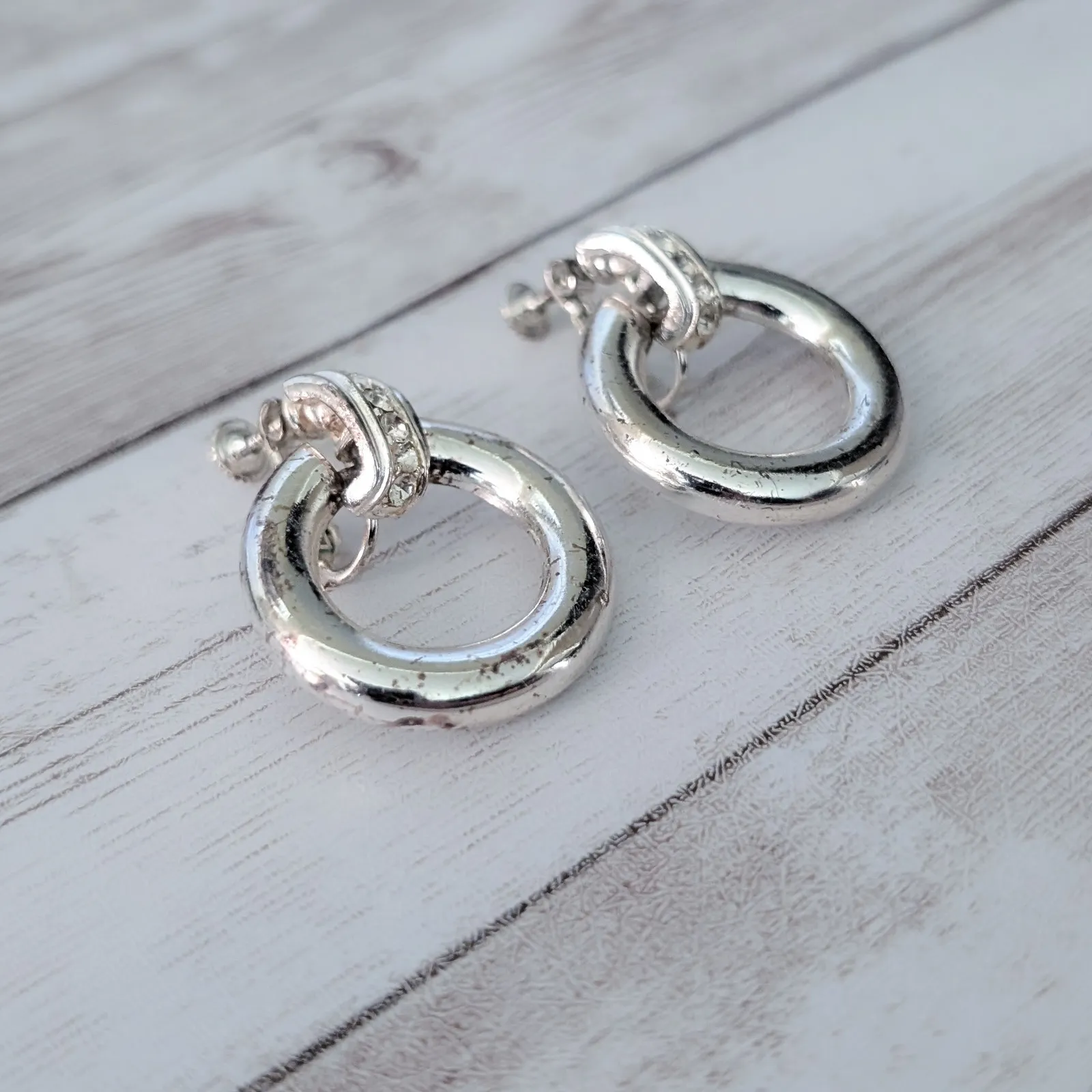 Vintage Screw On Earrings Silver Tone Dangle - Image 5