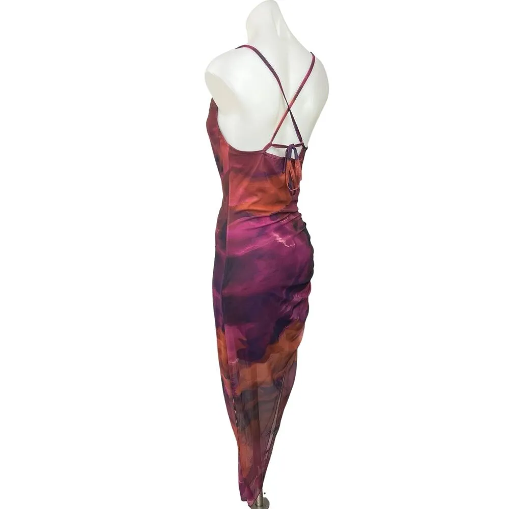 Shein Pink Orange Tie Dye Sleeveless Asymmetric Camisole Mesh Midi Dress Sz 4 - Image 2