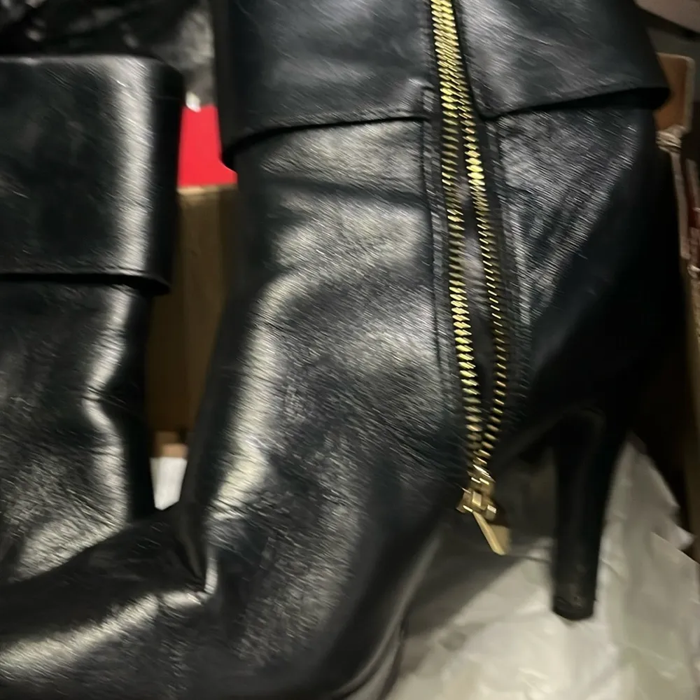 GABE Leather Fold Over Ankle Boots Side Zip Black Heels Women's - Image 3