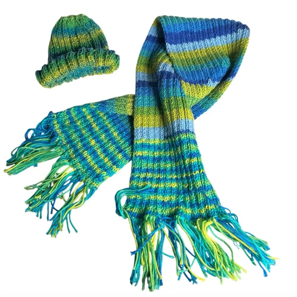 HANDMADE Knit Scarf & Beanie Hat Set Multicolor Blue Green Yellow Fringe - Image 6