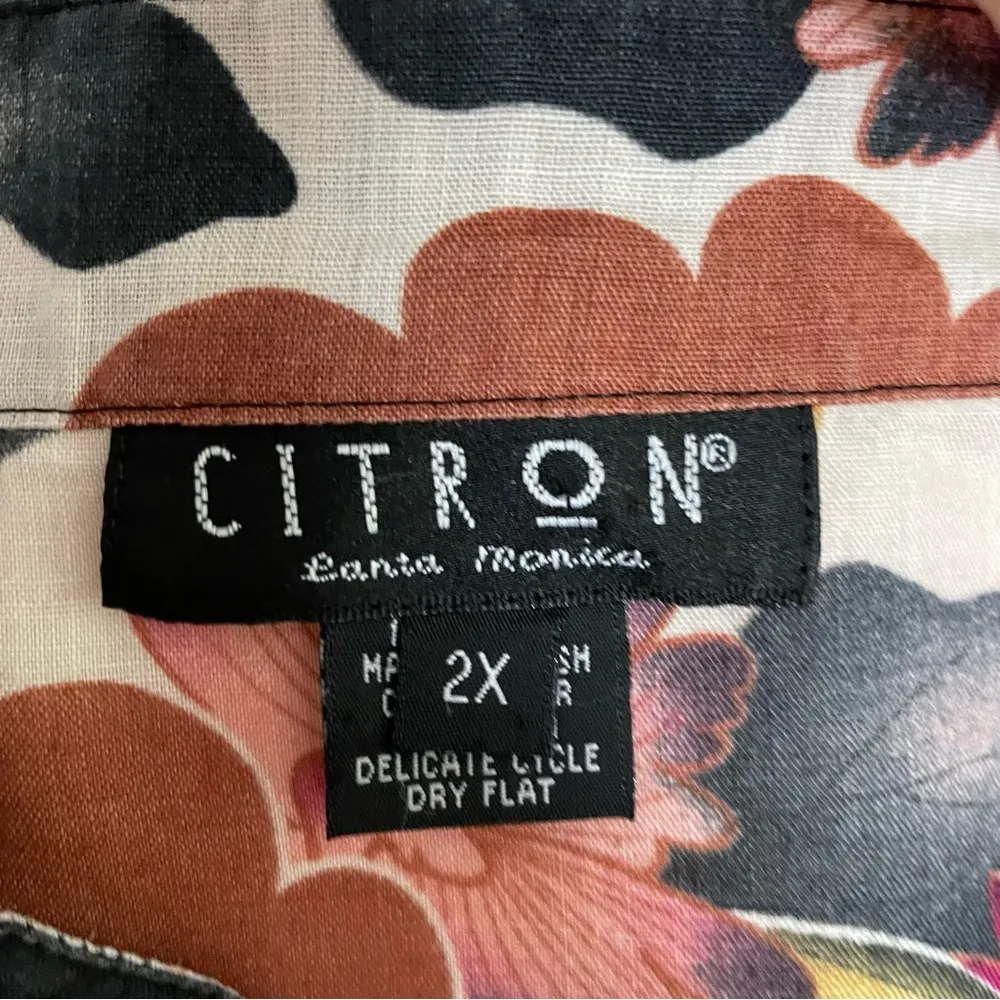 Citron Santa Monica Top Tunic 100% Linen Asian Floral Cherry Blossom Fans Black Size 2X - Image 10