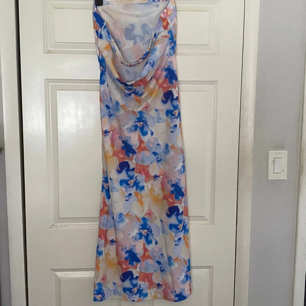 Floral Strapless Dress Blue Size L - Image 4