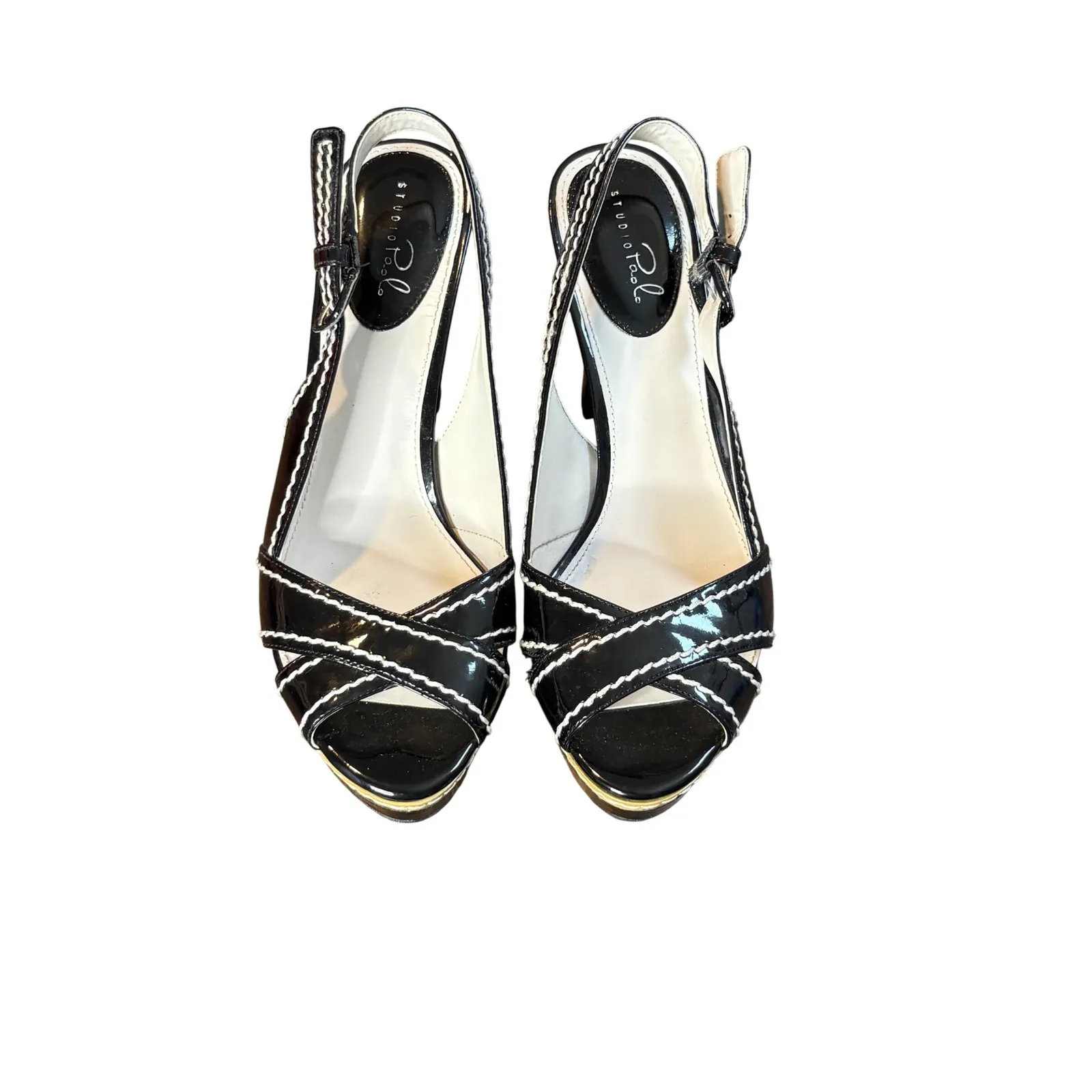 Studio Paolo Black White Patent Leather‎ Platform Slingback Heels Women Size 9M - Image 9
