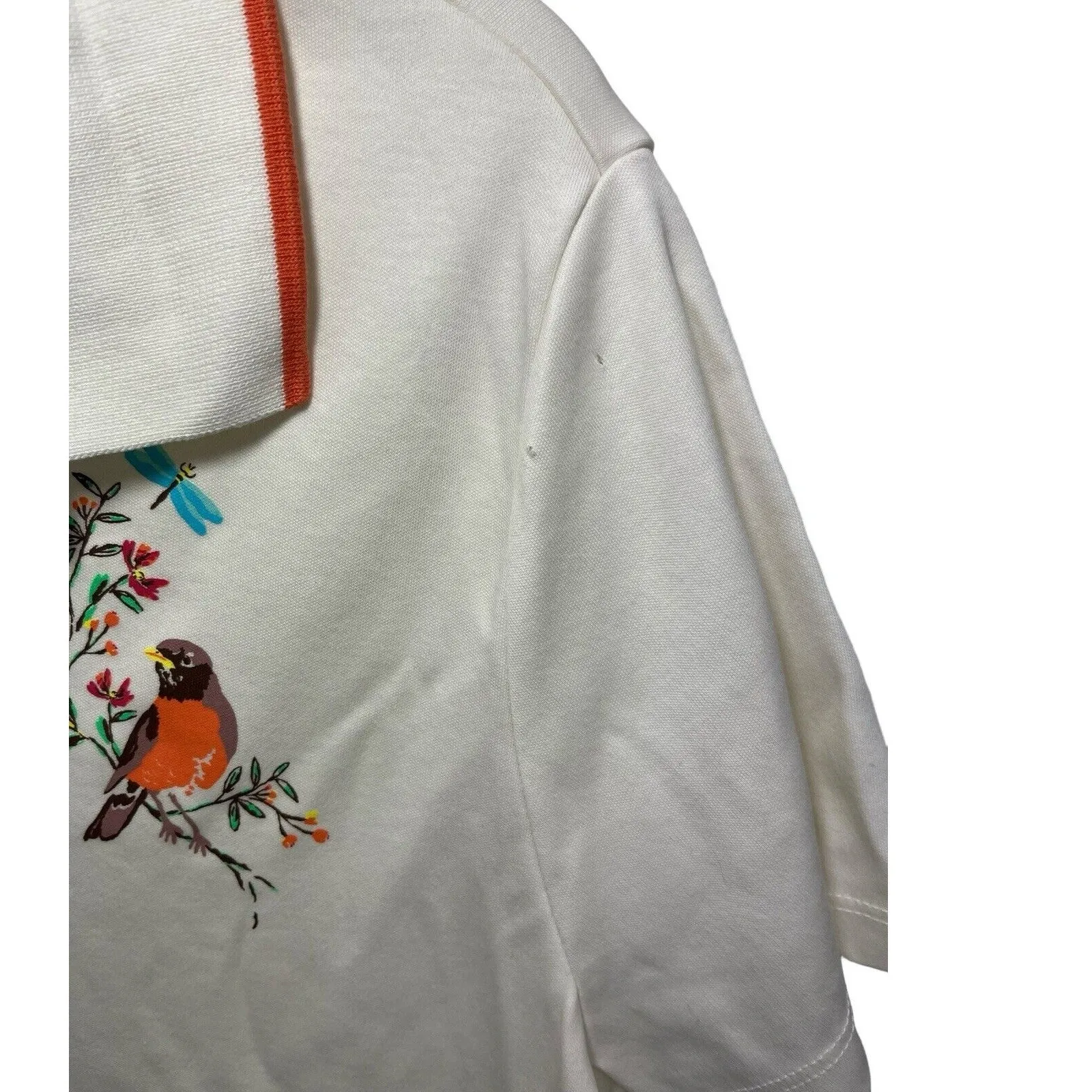 Lands' End Polo Shirt Womens Large Bird White Orange Cotton Preppy Whimsical - Image 2
