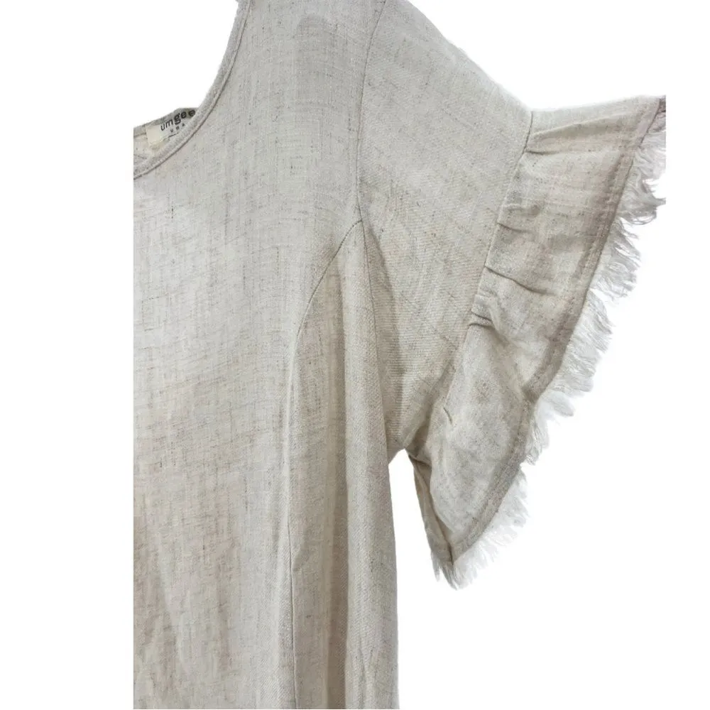 Umgee linen blend dress above the knee fringe ruffle sleeve neutral keyhole back - Image 5