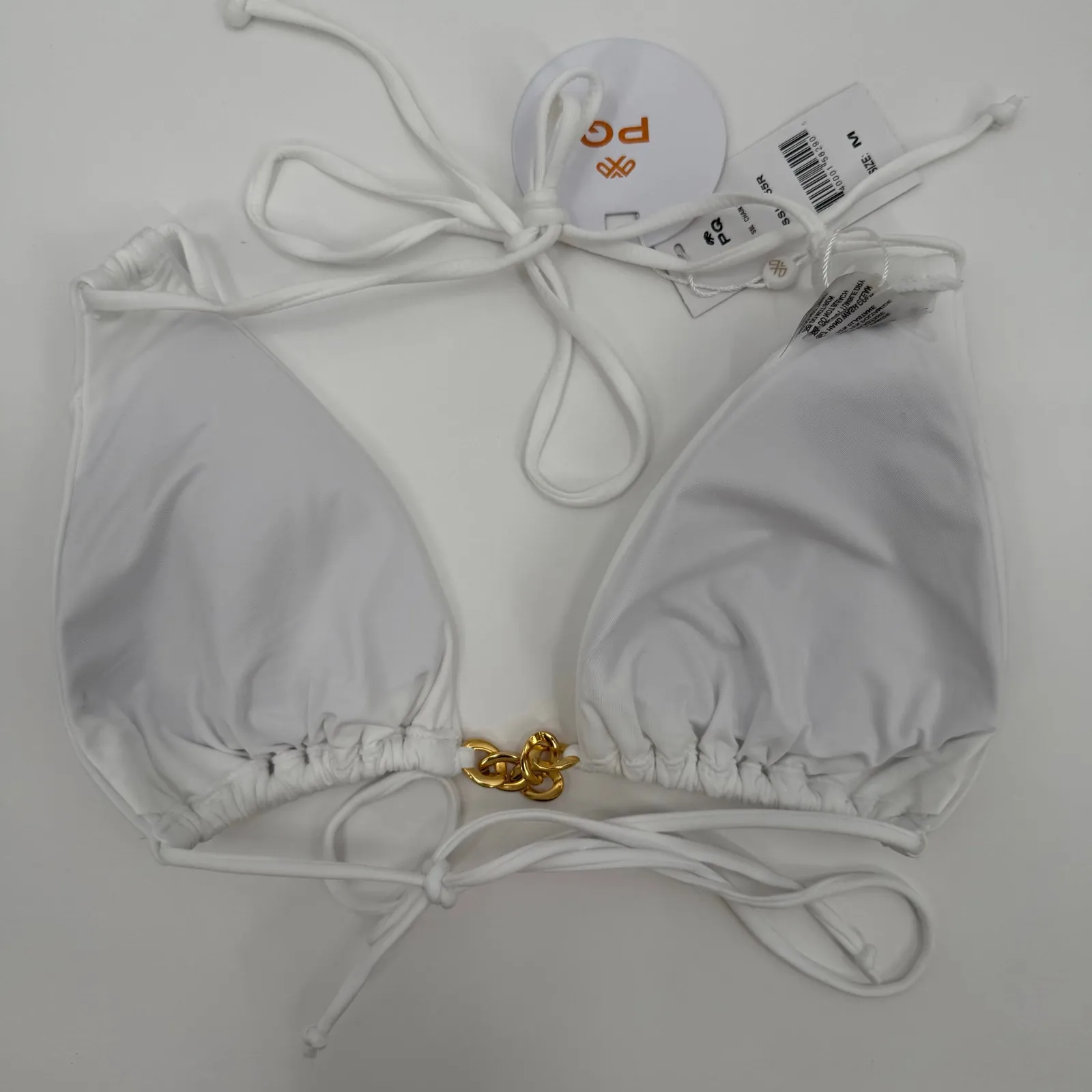 PQ SWIM PILYQ Bikini Top SZ Medium NWT White X Vale Genta Chain Triangle String - Image 4