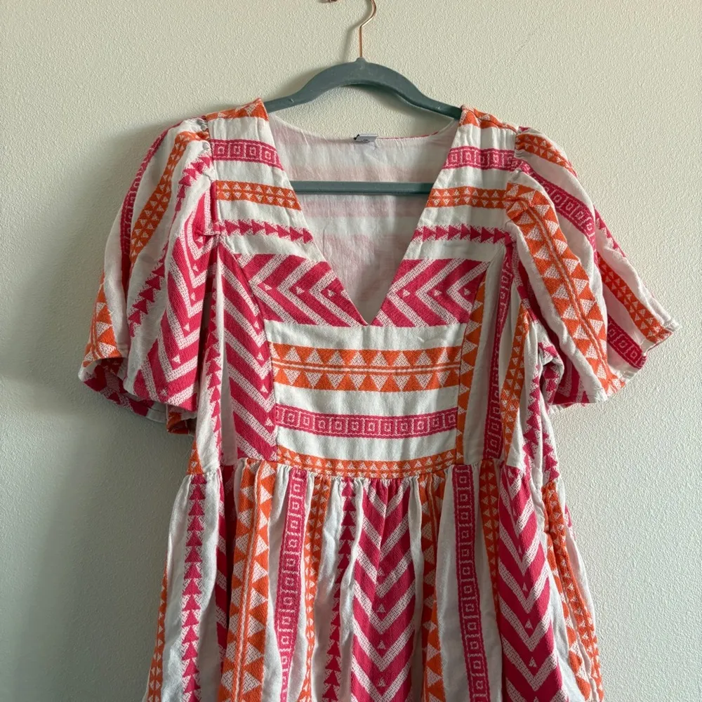 Old Navy Pink & Orange Jacquard Aztec Mini Swing Dress Size Medium TALL Cotton - Image 3
