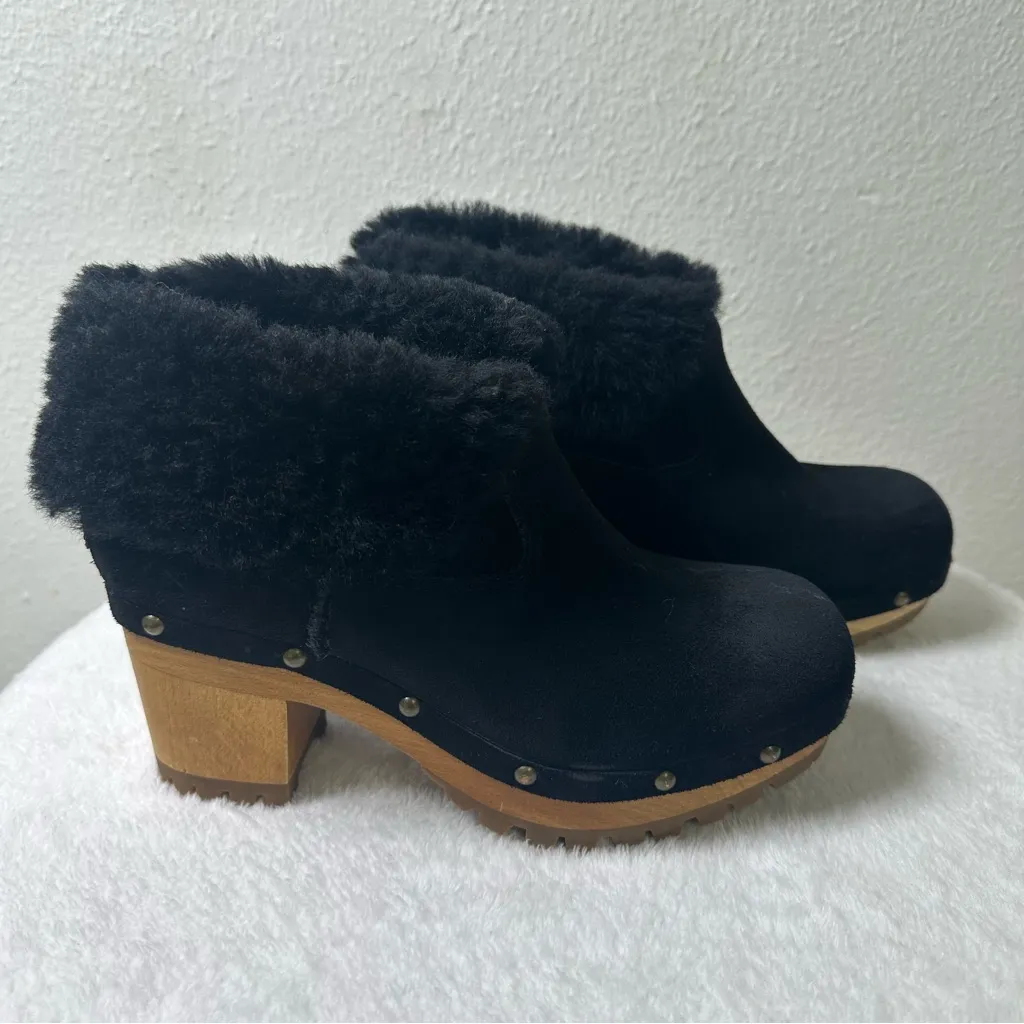 UGG Thebes Black Suede Clog Wooden Bootie Mules with Faux Fur Trim - Image 4