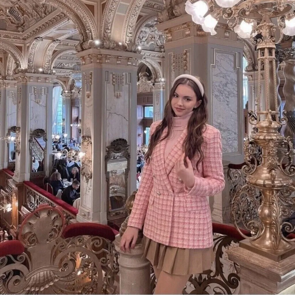 Bloggers Fave Zara Textured Tweed Checkered Pink White Double Breasted Blazer - Image 3