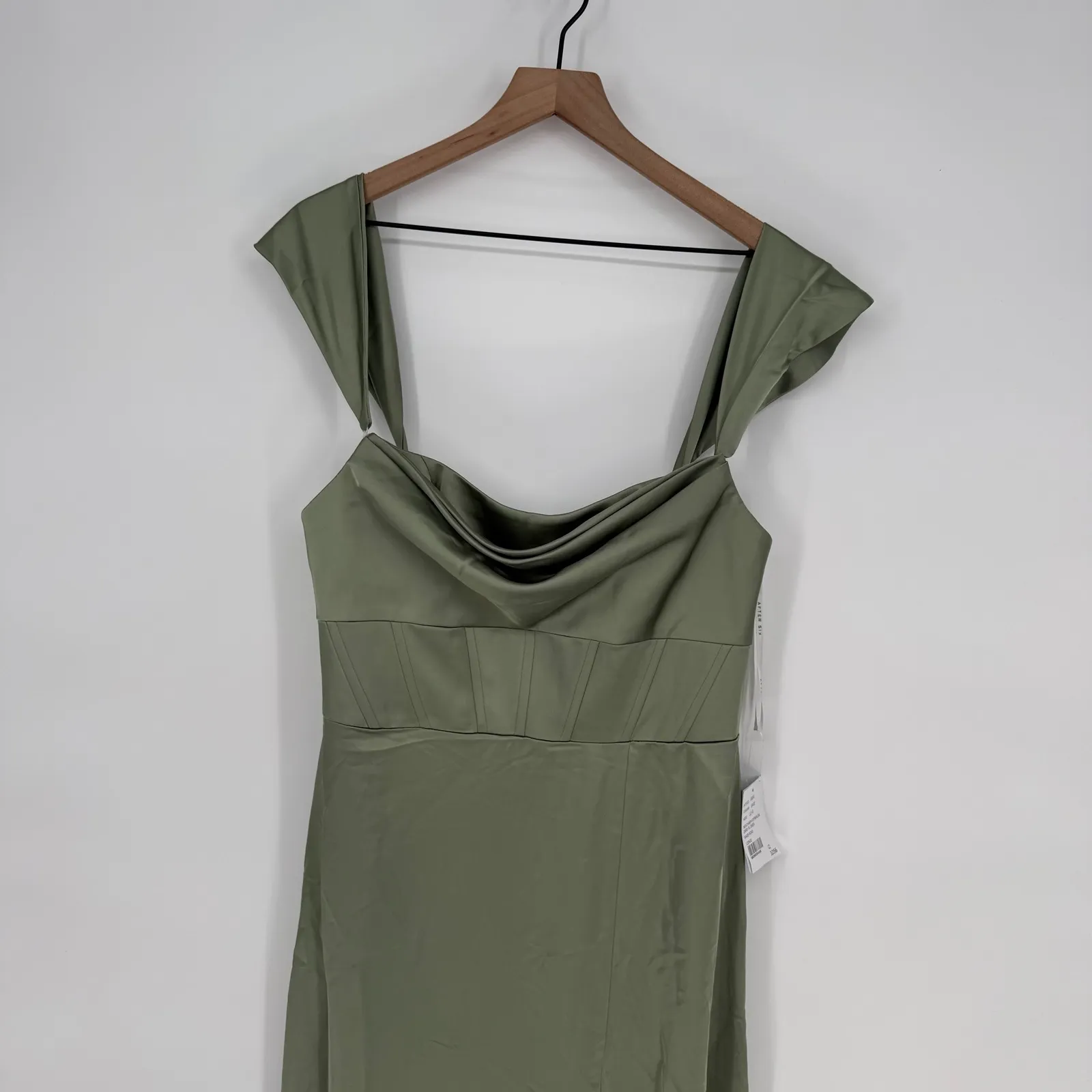 AFTER SIX Sage Green Satin Corset Drape Neck Off Shoulder Maxi Dress Size 12 R - Image 3