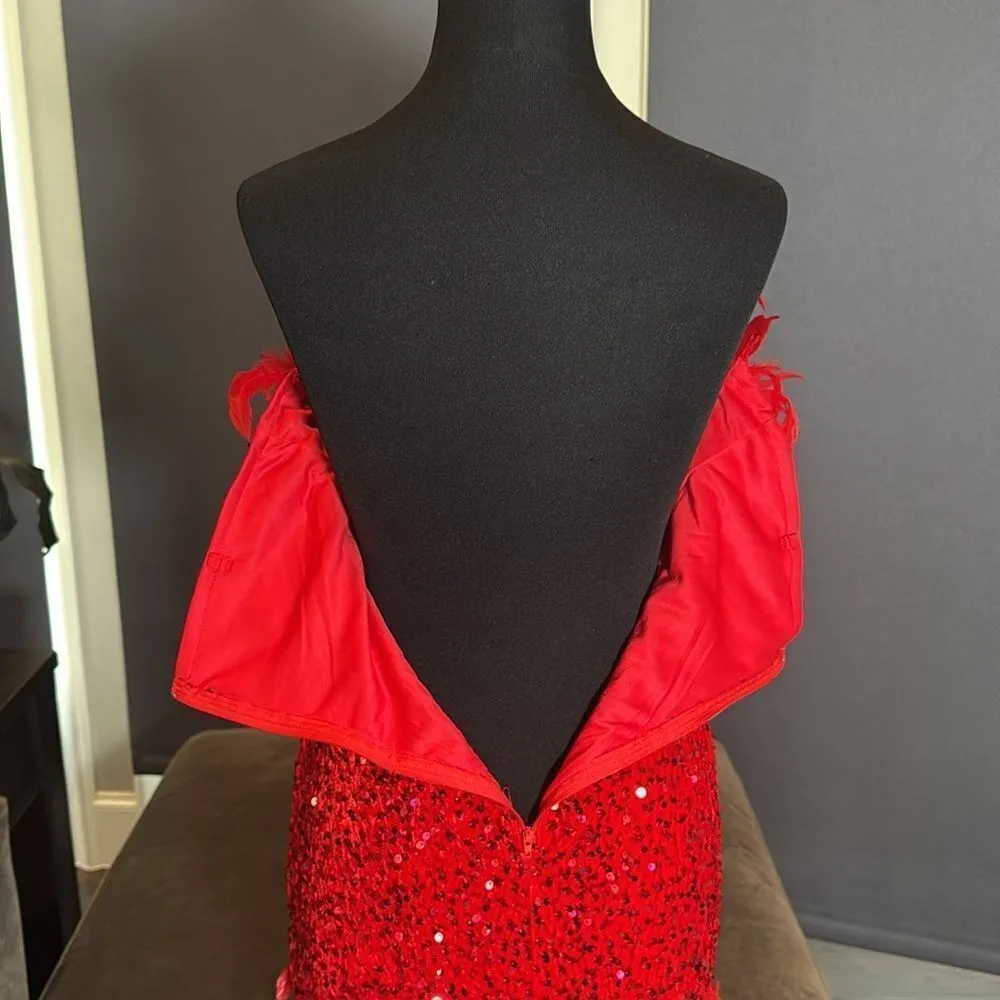 Women’s Short Red Strapless Sequined BodyCon Party Dress with Feathers Size L Size L - Image 6