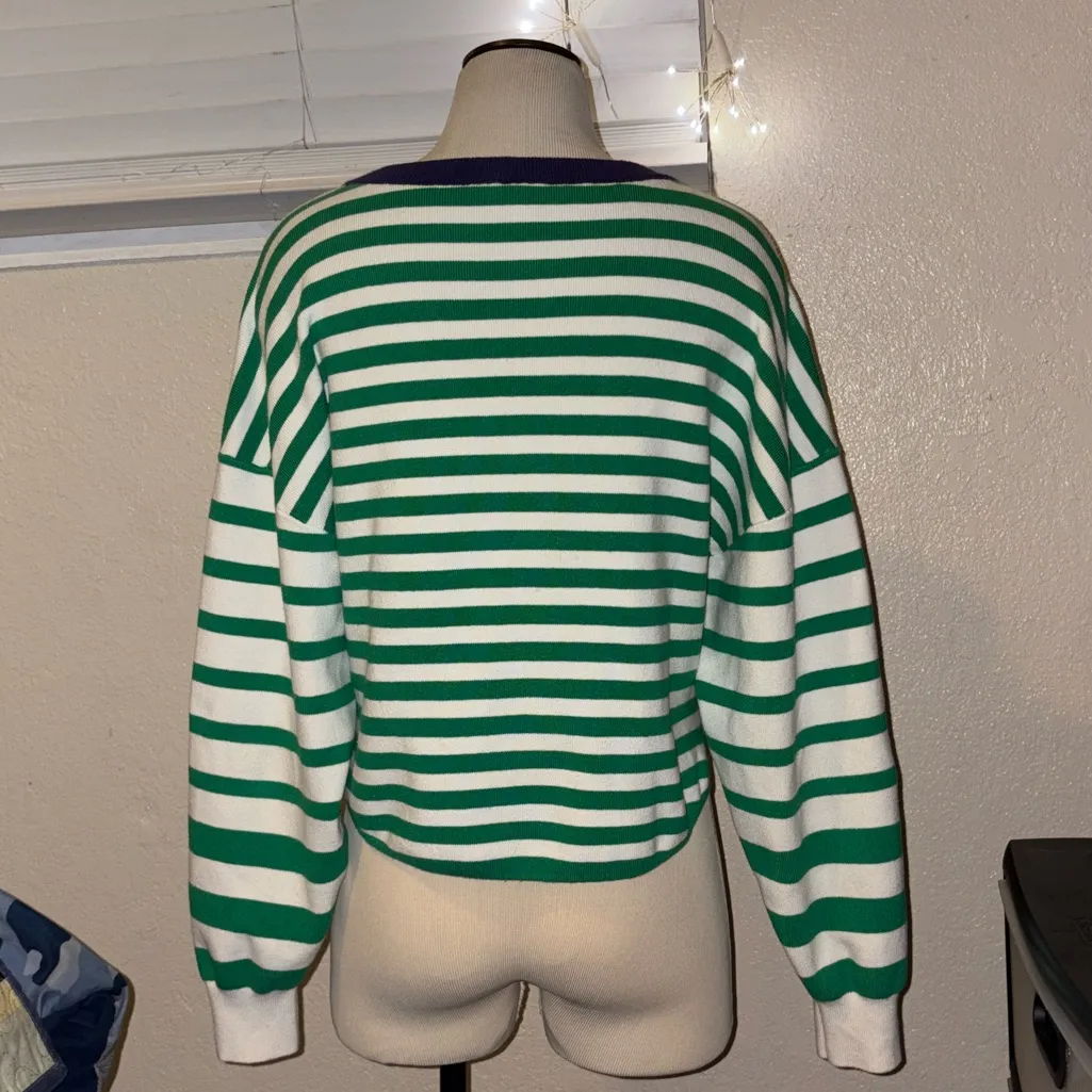 ANTHRO Daily Practice Green White Stripe Navy Round Neck Top $98 EUC M - Image 8