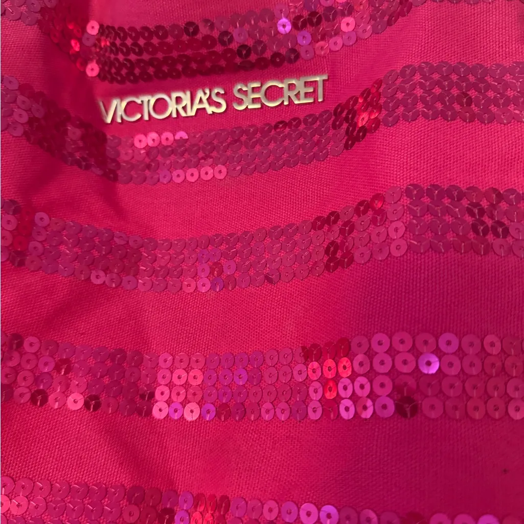 Victoria's Secret Hot Fuschia Bright Pink Striped Sequin Tote Bag With Handles - Image 2