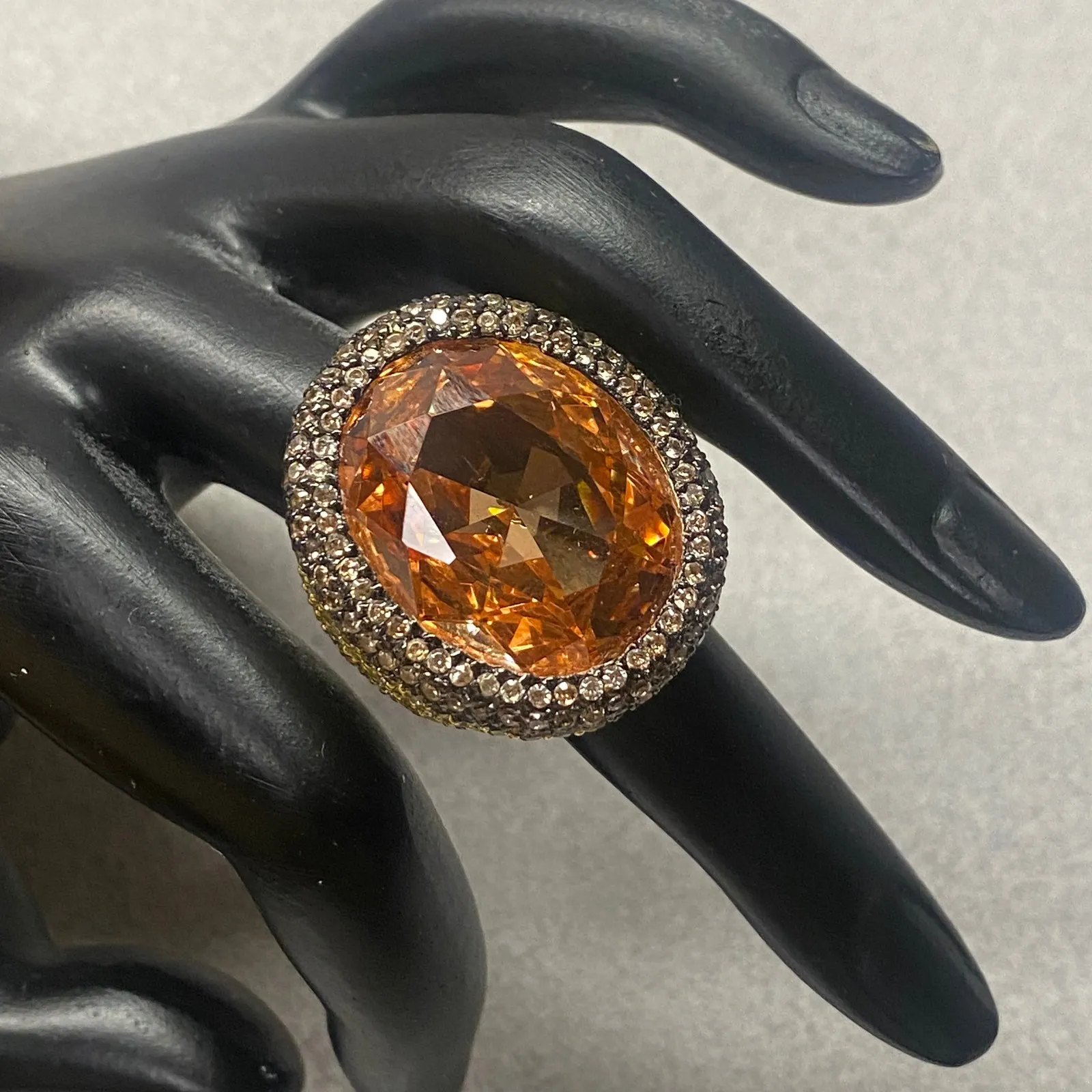 Large Oval Amber Crystal Statement Ring Pave Halo Gunmetal Tone Cocktail Jewelry Orange - Image 11