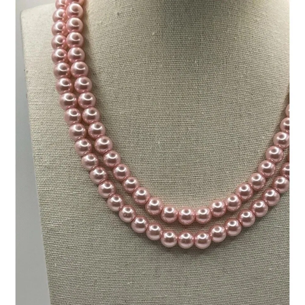 Vintage Pink Tone Double Strand Pink Faux Pearl Lightweight 33” Necklace - Image 4