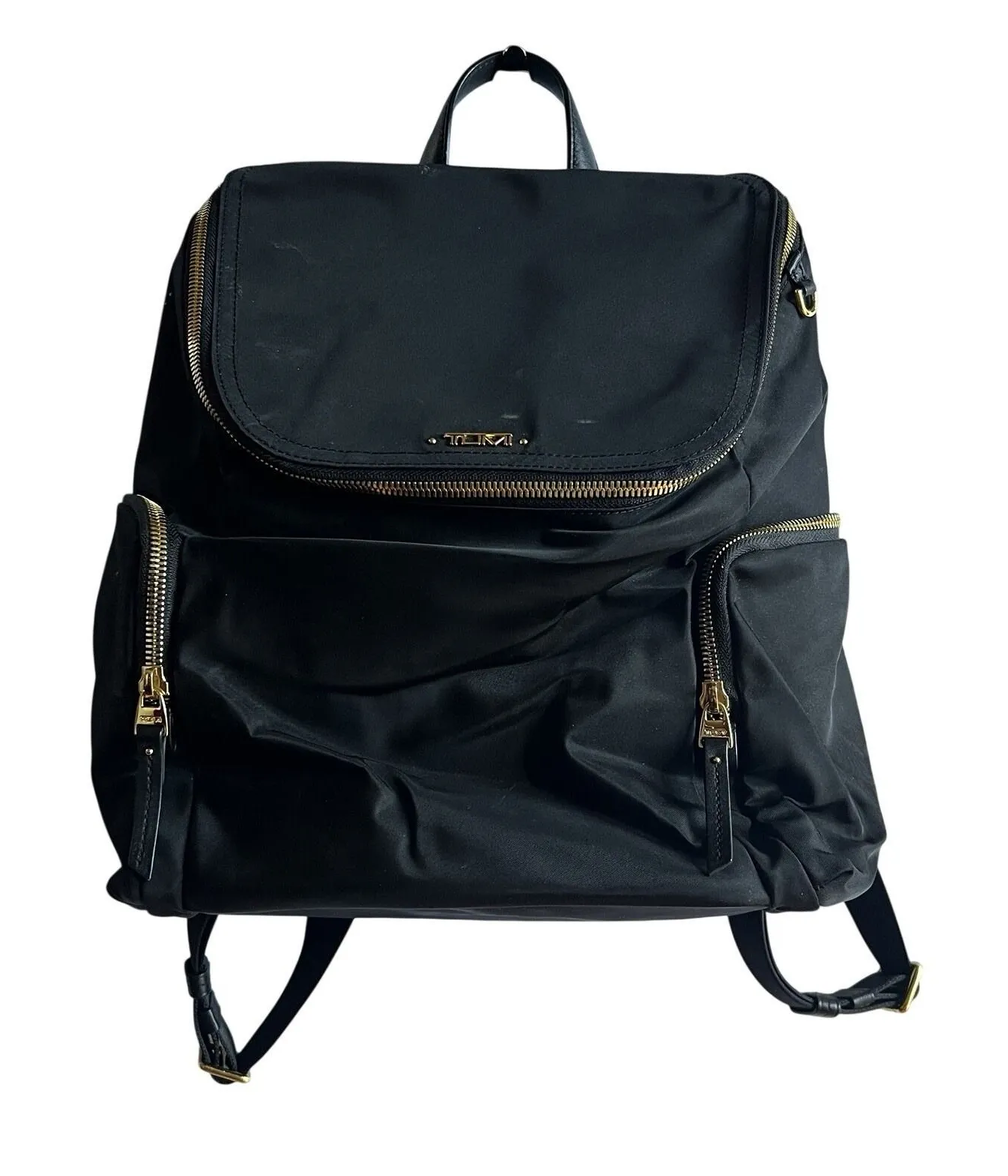 TUMI Voyageur Lexa Zip Flap Backpack Black Nylon Gold Hardware Travel Bag - Image 1