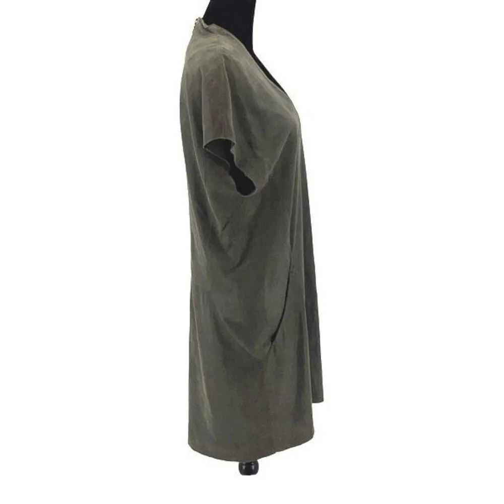 Schai Womens Goat Suede Leather Exposed Back Zip Cap Sleeve Shift Dress Green/Gr Gray - Image 3