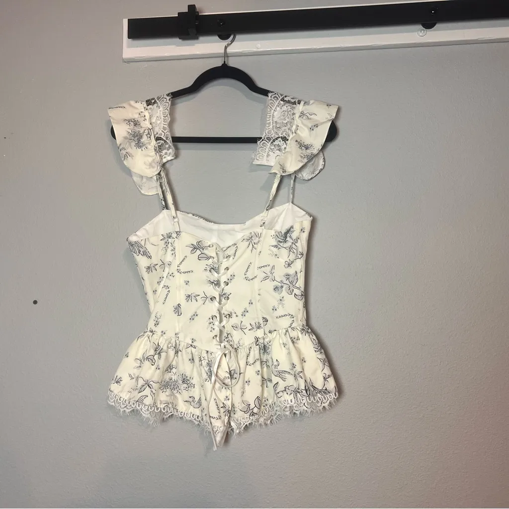 Corset Babydoll Tank Top Ruffles Cream Blue Size Medium Floral Birds Cottagecore White - Image 8