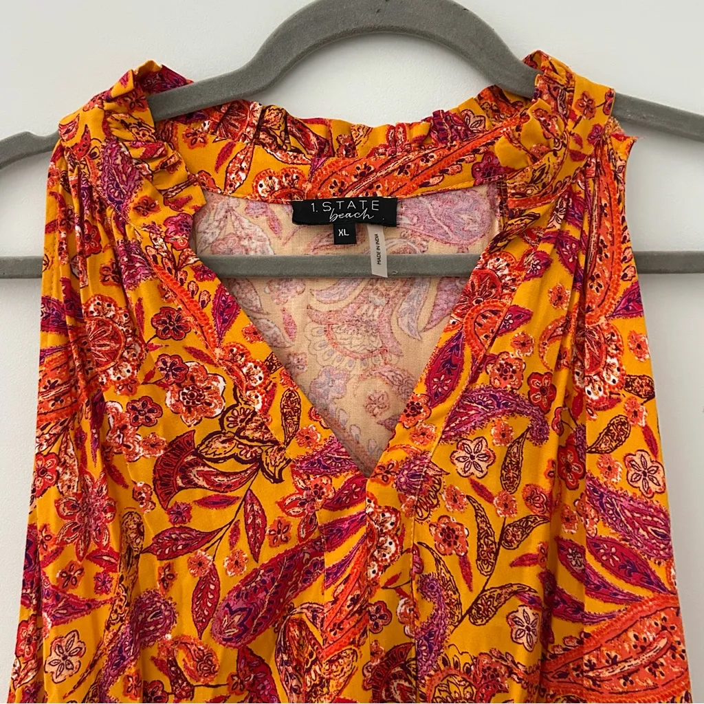 1. State Yellow Orange Paisley Print Tiered Sleeveless V Neck Halter Dress XL - Image 3