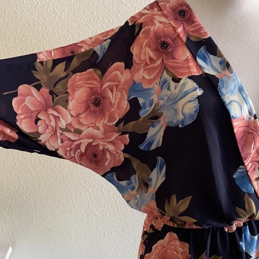 Lulu’s Faux Wrap Surplice Peplum Plunge Neck Blouse | Navy Floral - Image 3