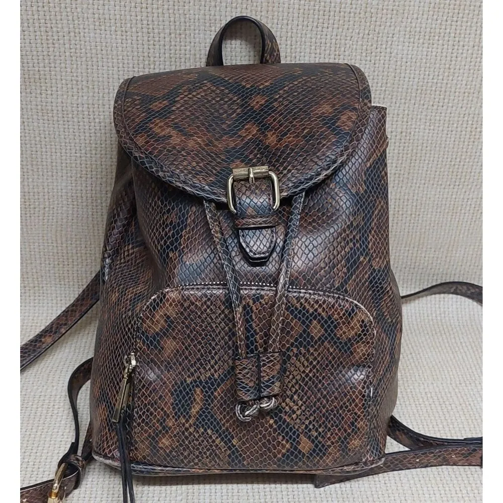 ALDO Brown & Gold Snakeskin Print Faux Leather Backpack Adjustable Straps - Image 10