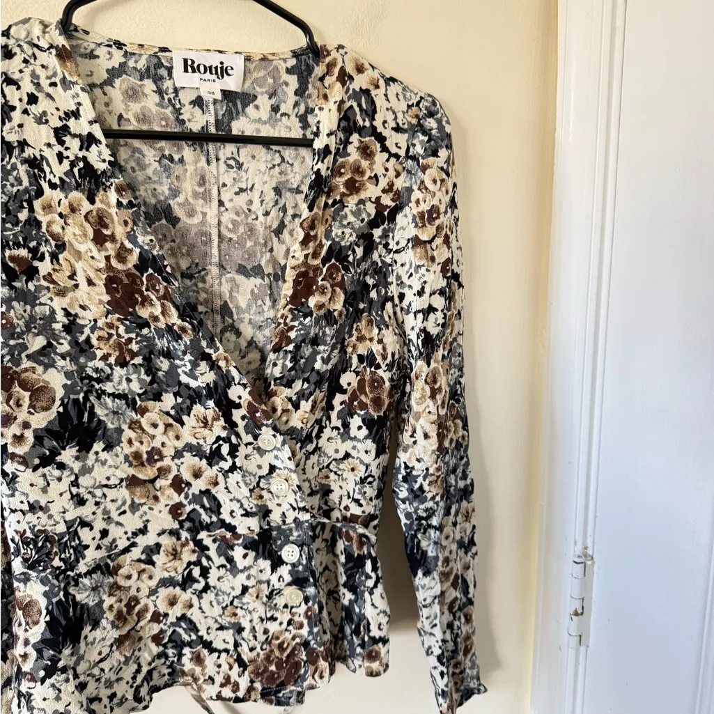 Rouje Paris Gaby Neutral Floral Wrap Blouse Brown Size 6 - Image 7
