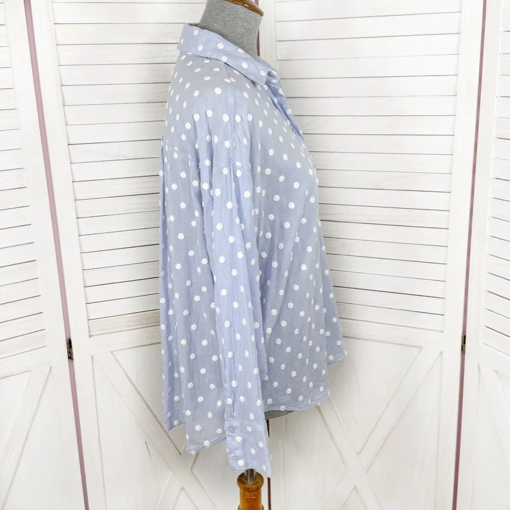 ZARA  Gauze‎ Embroidered Polka Dot Button Up Shirt Blue White Large - Image 3
