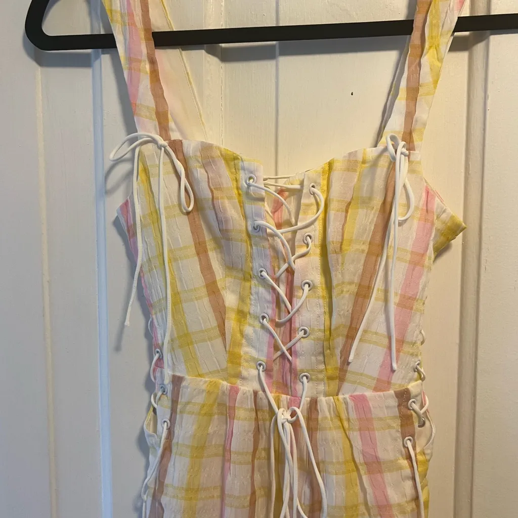 For Love And Lemons Yellow Pink and White Rue Midi Dress - Image 6