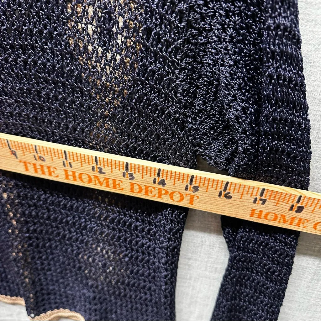 NETWORK Vintage Hand Made Crochet 100% Viscose Navy Blue Tan Cardigan S/M Black Size undefined - Image 9