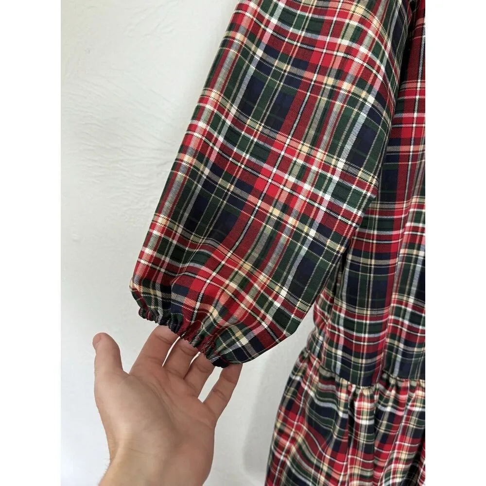 LDT‎ Rachel Plaid Round Neck 3/4 Puff Sleeve Ruffled Poof Swing Dress Size 2/S Red - Image 4