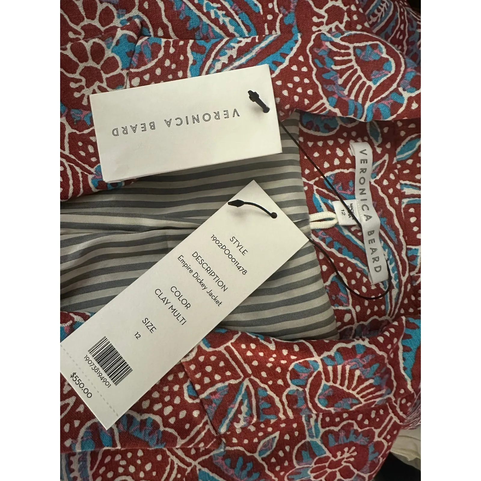 Veronica Beard Blazer Red Floral Print Linen Empire Dickey Jacket New size 12 - Image 9