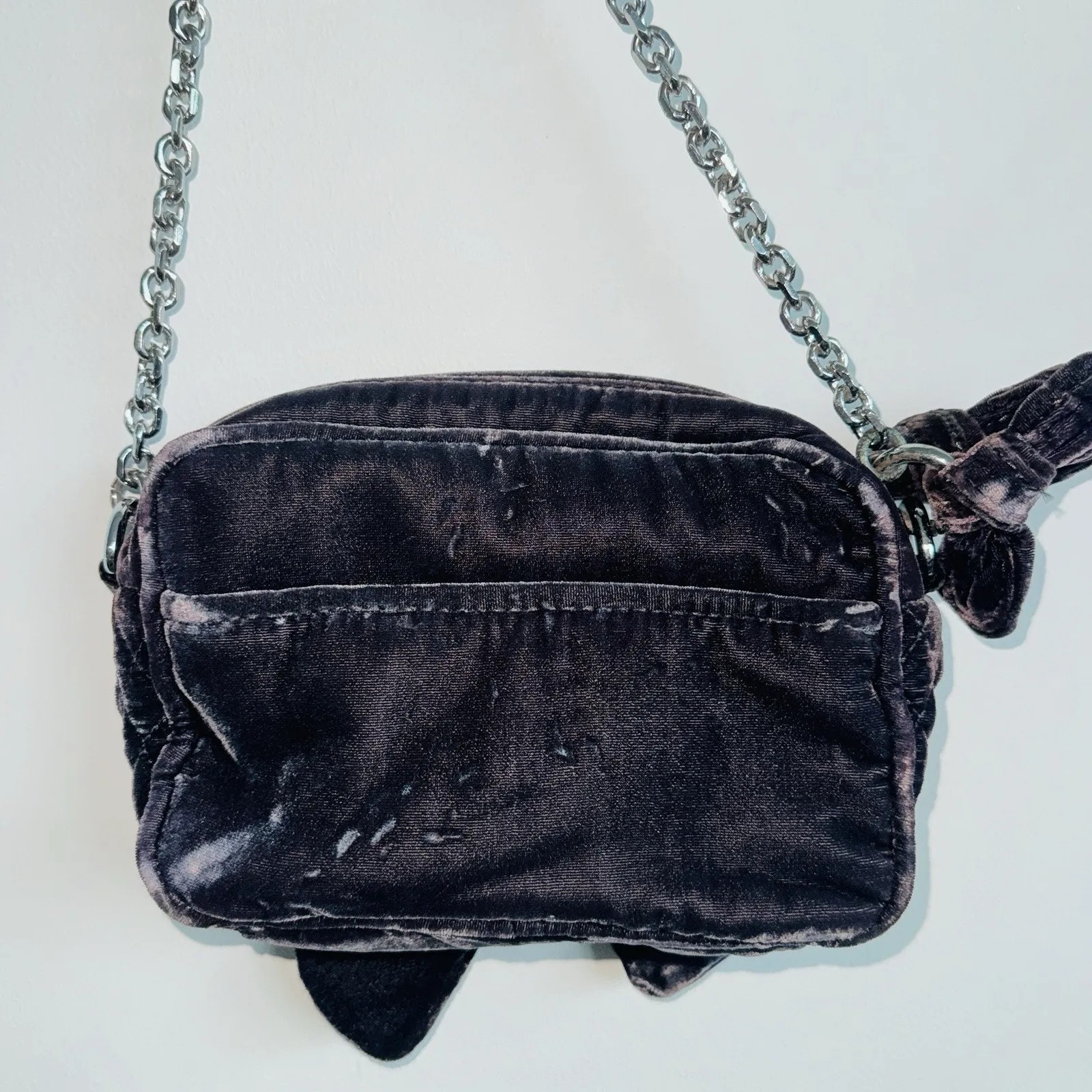 AUTH Y2K Vintage Juicy Couture Velvet Bow Crossbody Shoulder Bag Velour Grey - Image 14