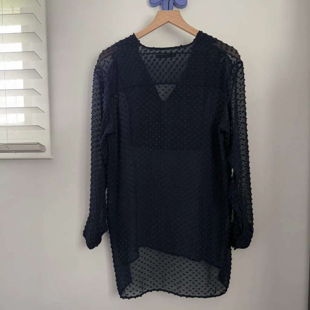 Jenni Kayne Small Silk Tunic Blouse Long Sleeve V Neck Sheer Textured Navy - Image 5