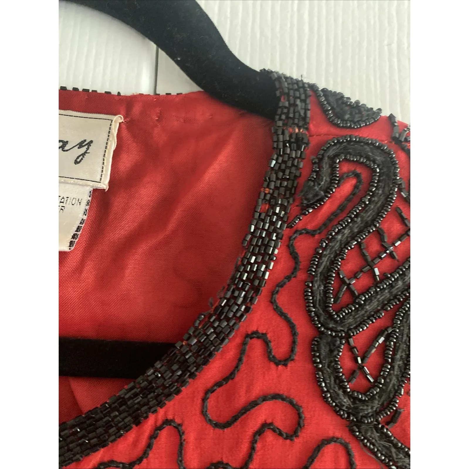 Stenay Womens Small Red Silk Black Beaded Bolero Jacket Holiday Event Glam - Image 4