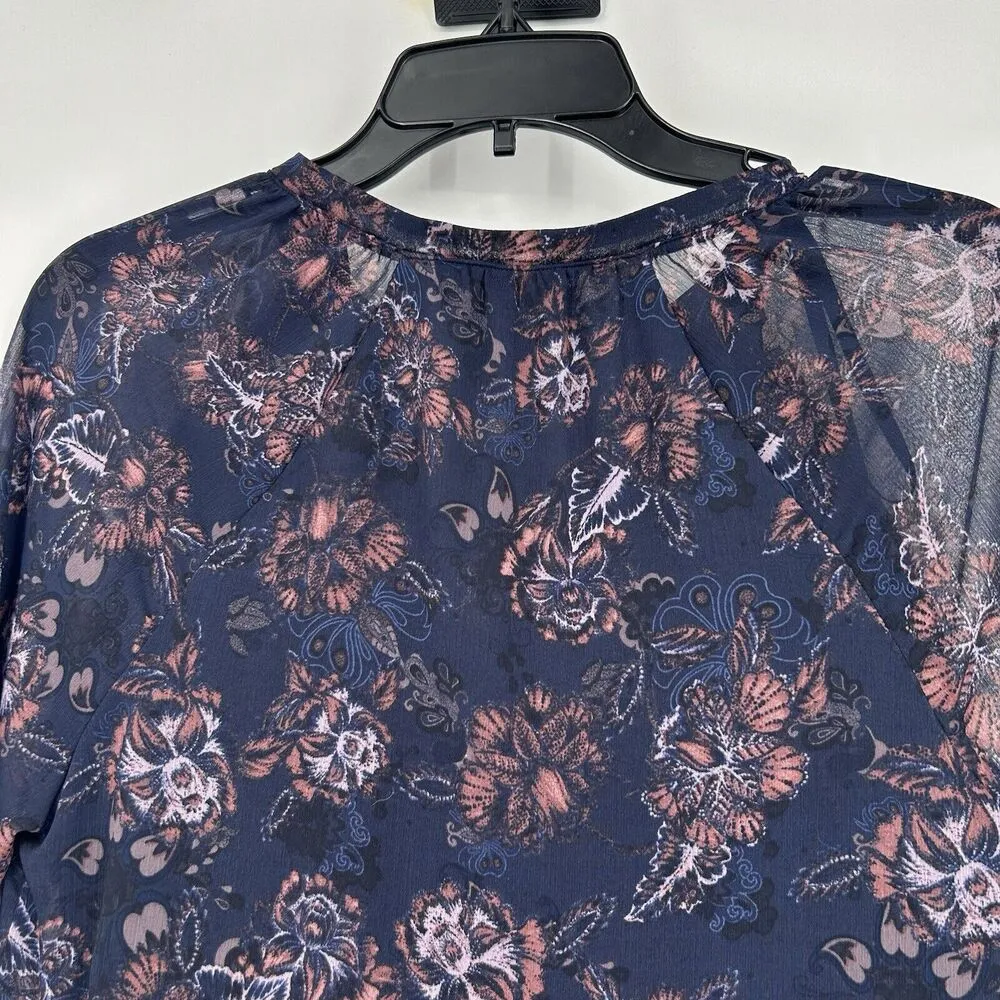 Floral Boho Top Blue Pink Chiffon Flowy Long Sheer Balloon Sleeve Sz S - Image 7