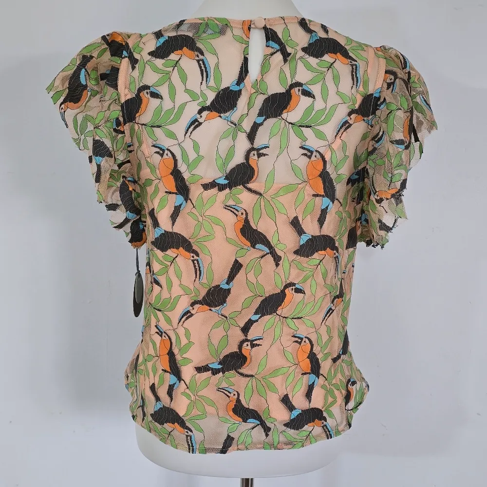 Anthropologie Eva Franco Beige Bosque Embroidered Toucan Blouse Size Medium - Image 5