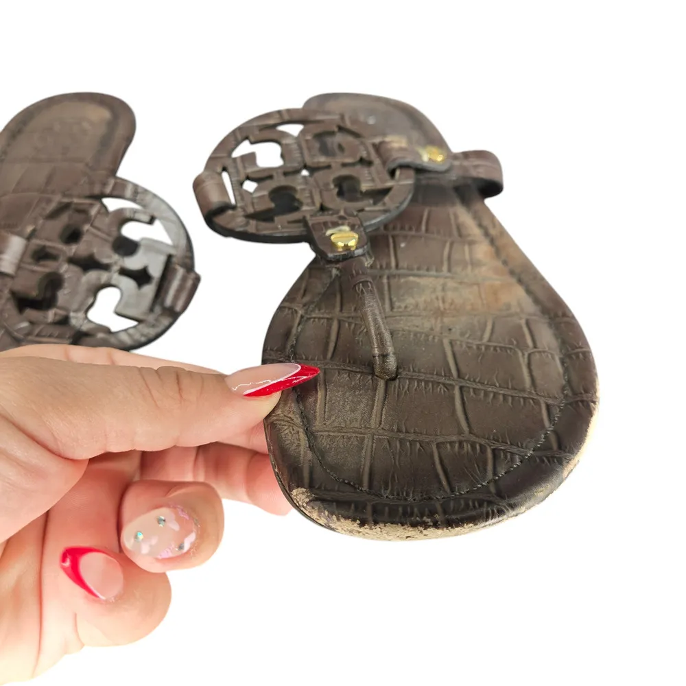 Tory Burch Miller Crocodile Embossed Brown Leather Sandals Size: 9.5 - Image 3