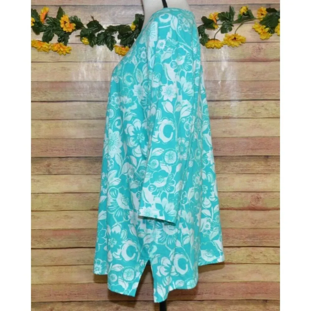 Woman Within Floral Print 3/4 Sleeve Top Casual Comfort Plus Size 1X Green White - Image 4