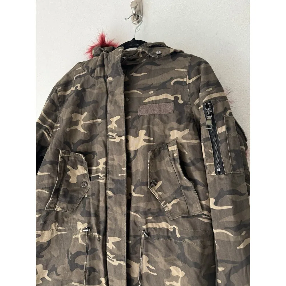 Madden Girl Green Camo Faux Fur Hooded Full Zip Winter Coat Juniors Size Large - Image 4