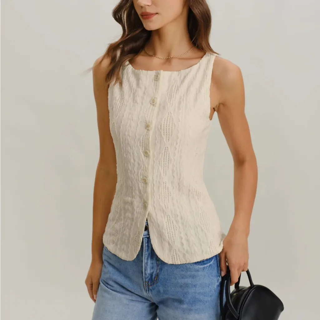 Rihoas Beige Boat Neck Button Tank Top Size M - Image 4