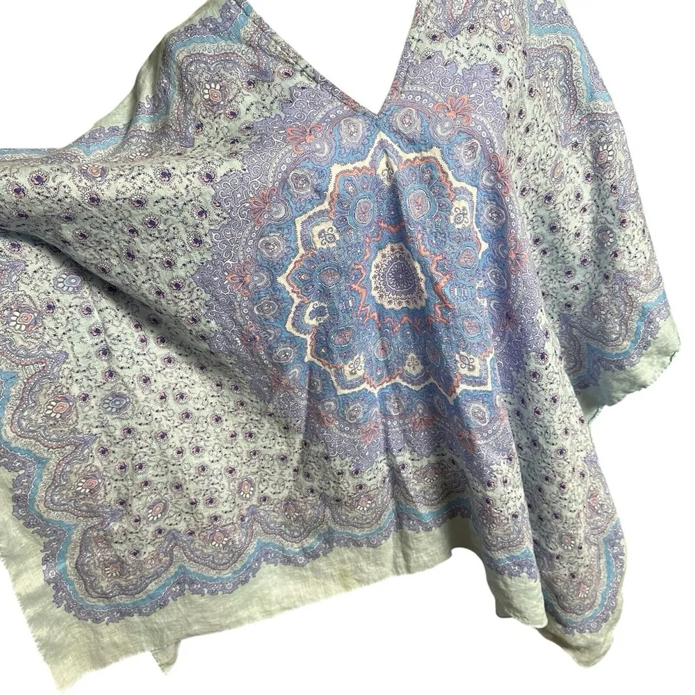 J. McLaughlin Redondo Blue 100% Linen Poncho Caftan Mandala Medium/Large M L - Image 5