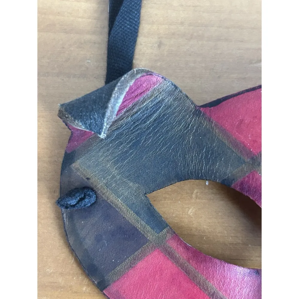Vintage Ca Macana Venetian Mask Red Black Check Ribbon Tie LeatherHandmade Italy - Image 3