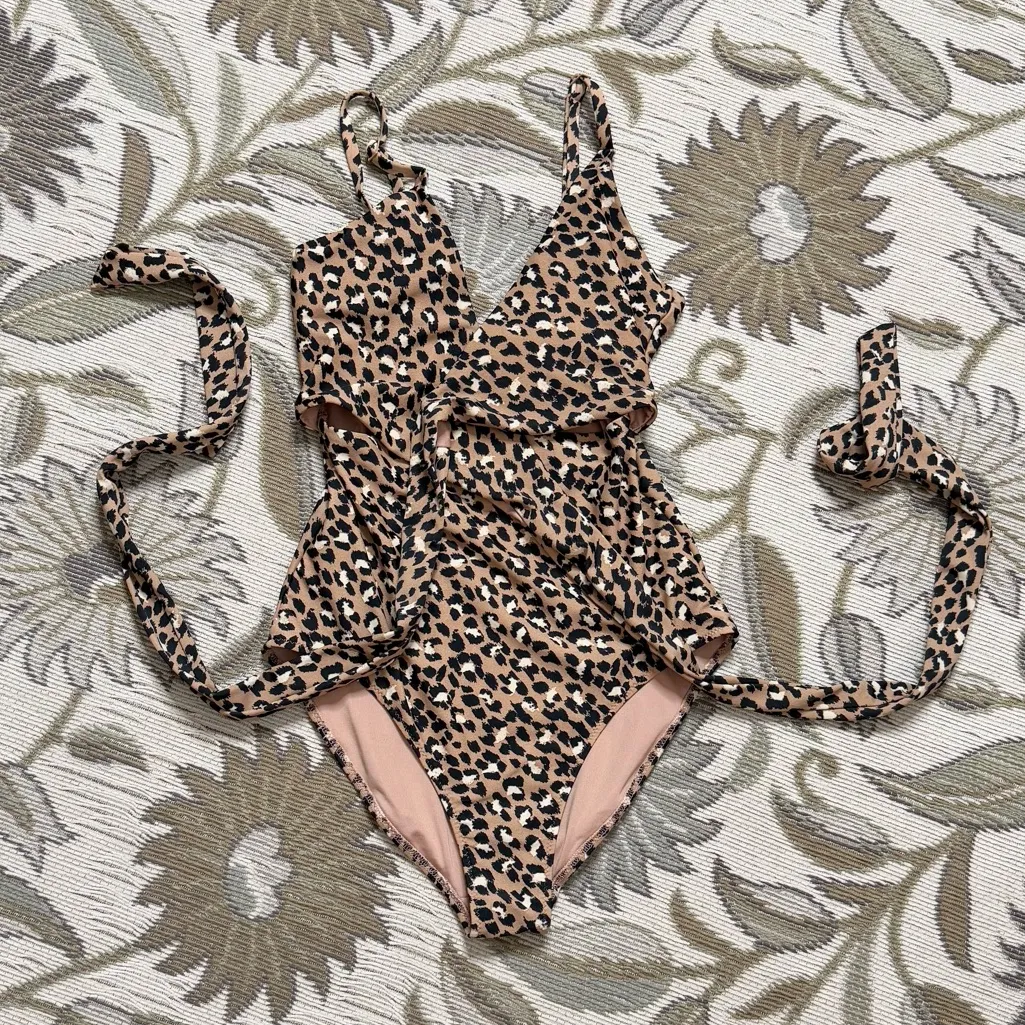 Aerie Swimsuit Leopard Print Wrap One Piece Monokini XS Long - Image 2