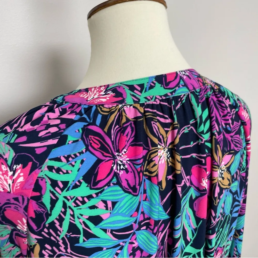 Cappagallo Dress Shift Stretchy Slinky Floral Tropical 3/4 Pink Blue Green Gold Size L - Image 10