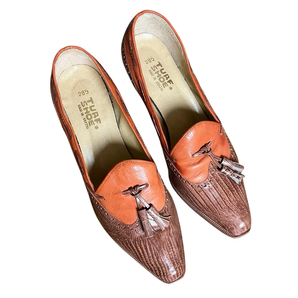 VTG 70s Turf Shoe Made in Brazil Leather Tassel Loafer Heels Brown Sz 8.5 Pumps - Image 3